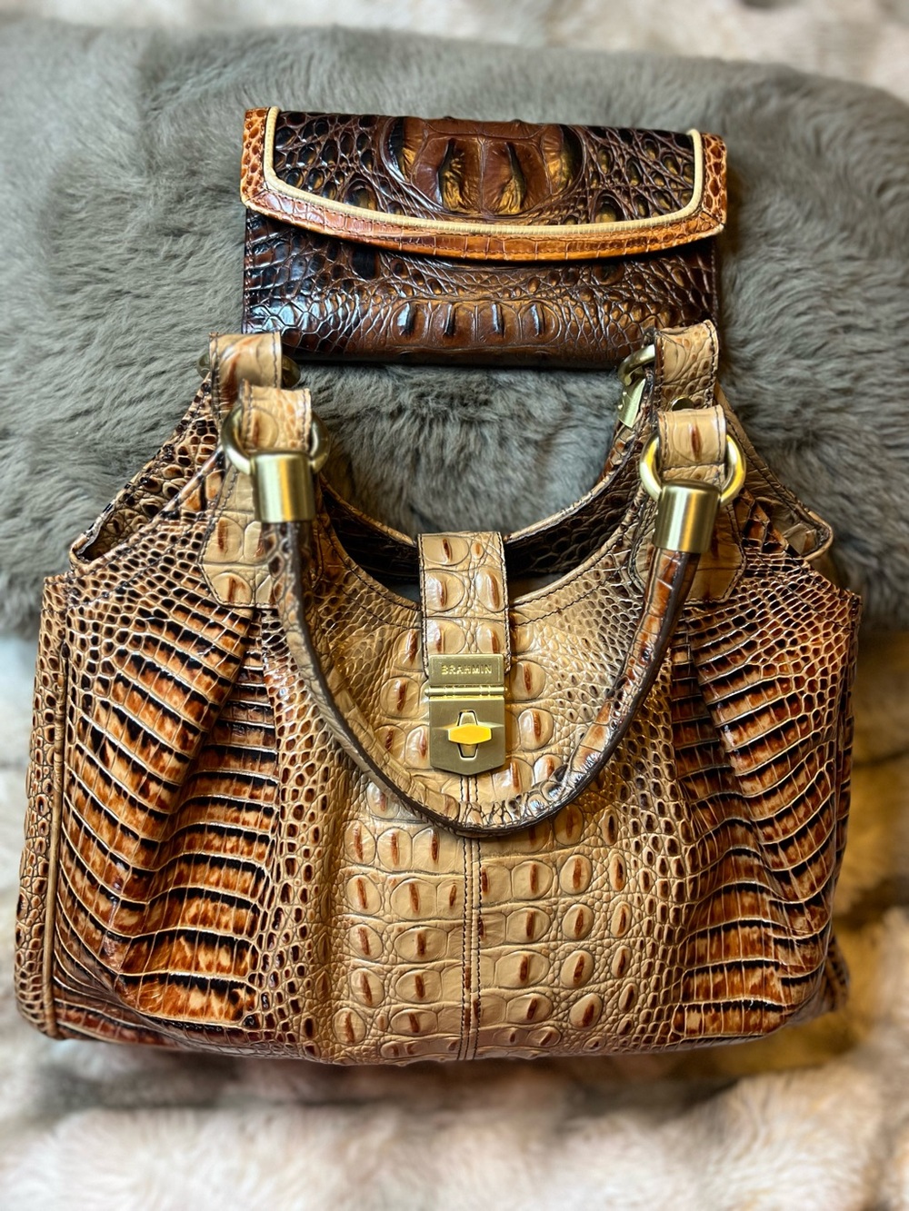 Croc-Embossed Leather Handbag w matching wallet (Retail $900)